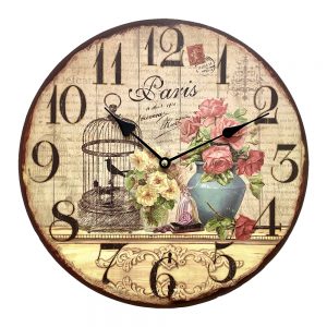 Clock French Country Wall Hanging Paris Birdcage Roses 33cm