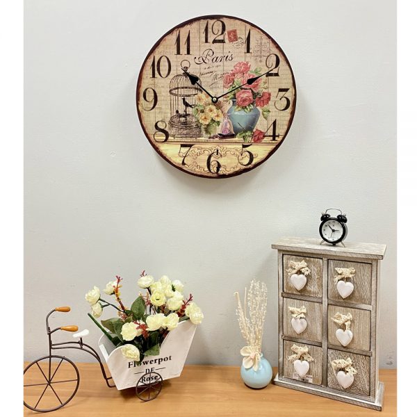 Clock French Country Wall Hanging Paris Birdcage Roses 33cm