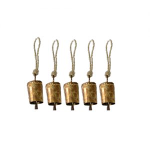 French Country Rustic Mini Cow Bell with Rope Brass Set of 5