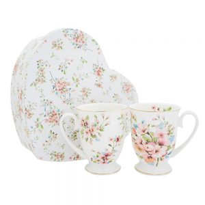 Elegant Kitchen Tea Coffee Peach Blossom White Mugs Cups Set 2
