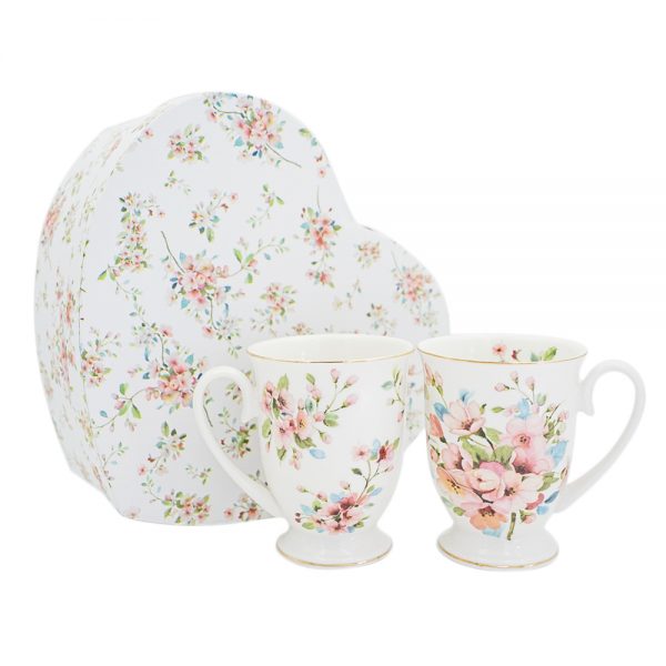 Elegant Kitchen Tea Coffee Peach Blossom White Mugs Cups Set 2