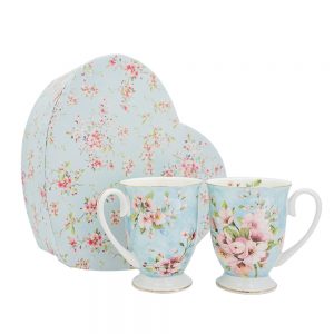 Elegant Kitchen Tea Coffee Peach Blossom Blue Mugs Cups Set 2