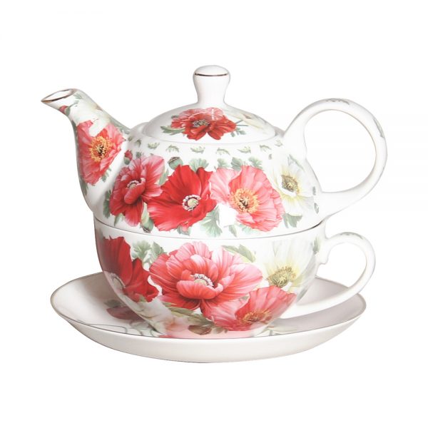 French Country Kitchen Tea For One Poppies on White Teapot