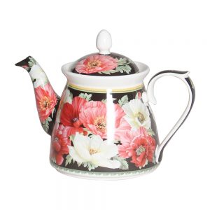 Elegant Kitchen Teapot Poppies on Black China Tea Pot 1L