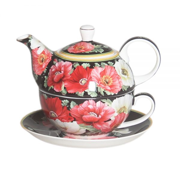 French Country Kitchen Tea For One Poppies on Black Teapot