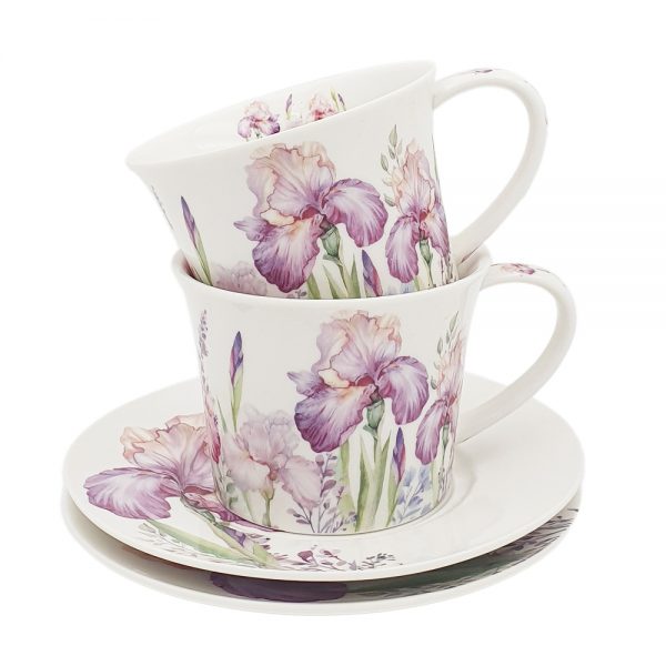 Elegant Kitchen Tea Cups and Saucers Iris Set of 2 Giftboxed