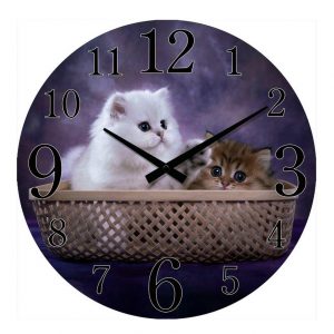 French Country Glass Wall Clock Small 17cm Basket Kittens Clocks