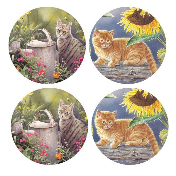 Kitchen Cork Backed Coasters Cute Cats Ceramic Set 4