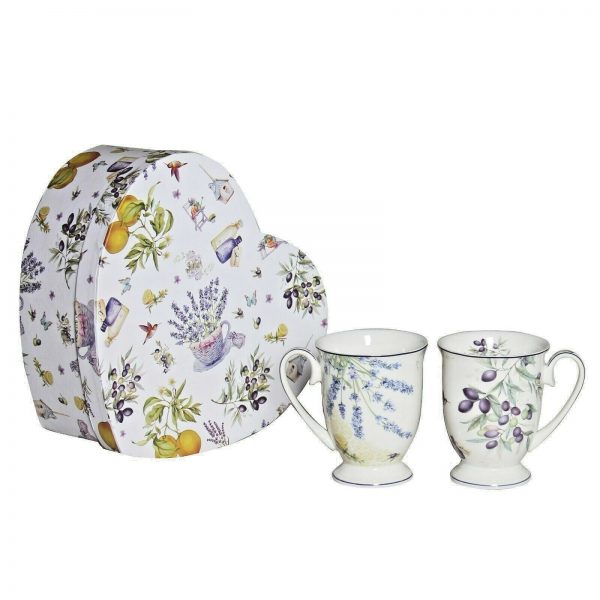 Elegant Kitchen Tea Coffee Lavender and Olive Mugs Cups Set 2