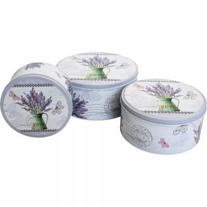 French Country Vintage Look Metal Lavender Round Set 3 Tins