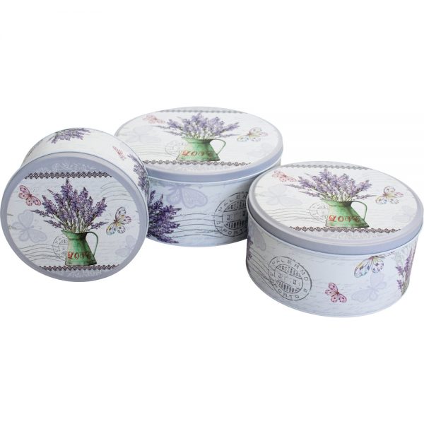 French Country Vintage Look Metal Lavender Round Set 3 Tins