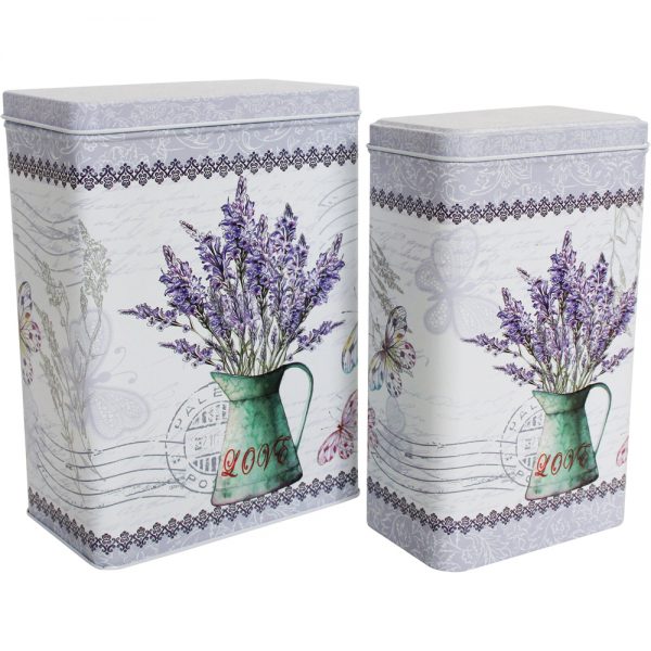 French Country Vintage Look Metal Lavender Rectangle Set 2 Tins