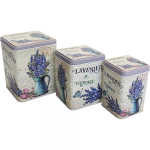 French Country Vintage Look Metal Lavender Square Set 3 Tins