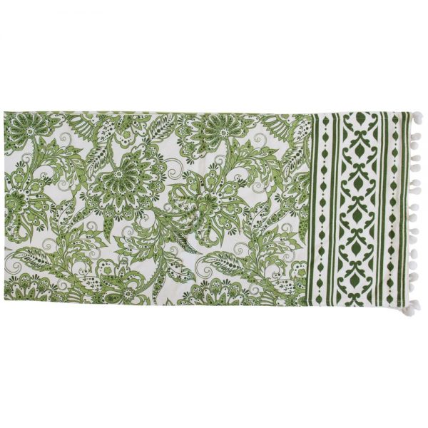 French Country Table Runner Sage with Pom Poms 130x30cm