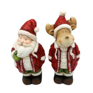 Christmas Santa and Reindeer Ceramic Ornaments Standing Set of 2