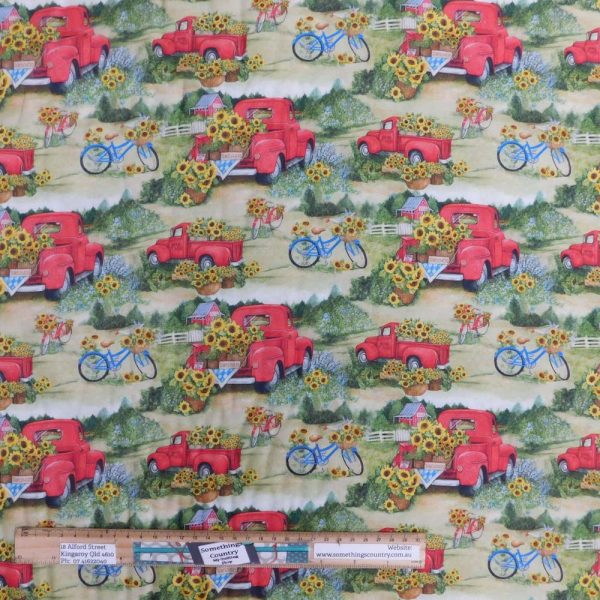 Quilting Patchwork Sewing Fabric Red Truck Sunflowers 50x55cm FQ