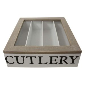 French Country Cutlery Box Rectangle White Wooden Holder