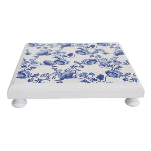 Wooden Painted Trivet Blue and White Square Hot Pot Holder