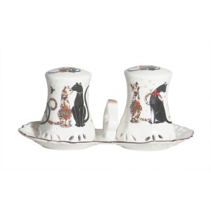 Kitchen China Salt and Pepper Set Embossed Cat with Tray