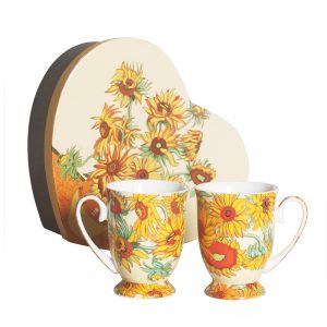 Elegant Kitchen Tea Coffee Sunflowers Mugs Cups Set of 2 Heart Box