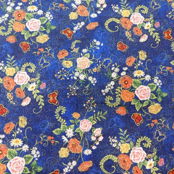 Quilting Patchwork Sewing Fabric Denim Flower Bouquet 50x55cm FQ