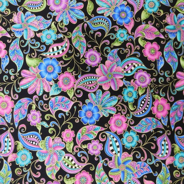 Quilting Patchwork Sewing Fabric Royal Plume Black Floral 50x55cm FQ