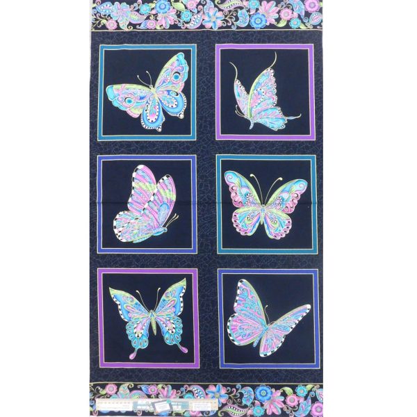 Patchwork Quilting Sewing Fabric Alluring Butterflies Black Panel 61x110cm
