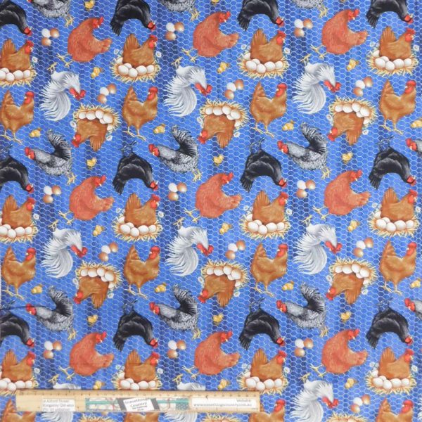 Quilting Patchwork Sewing Fabric Blue Tossed Chickens 50x55cm FQ