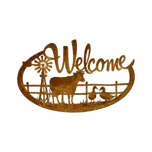 French Country Vintage Metal Welcome with Cow Rusty Wall Art