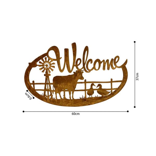 French Country Vintage Metal Welcome with Cow Rusty Wall Art