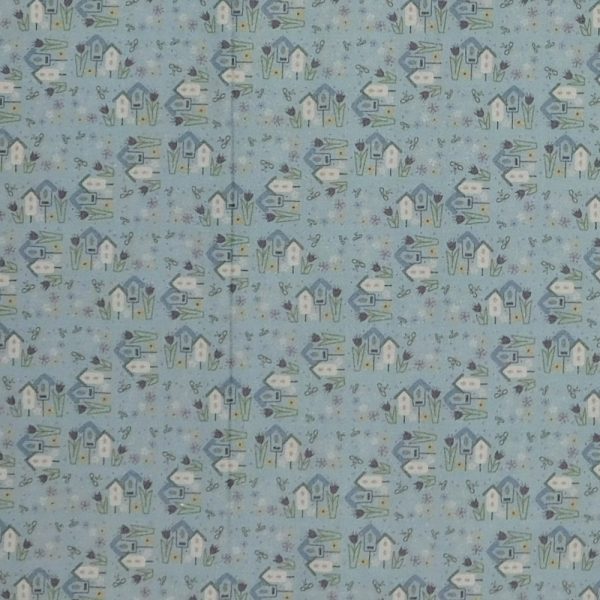Quilting Patchwork Fabric Garden of Flowers Birdhouse Blue 50x55cm FQ