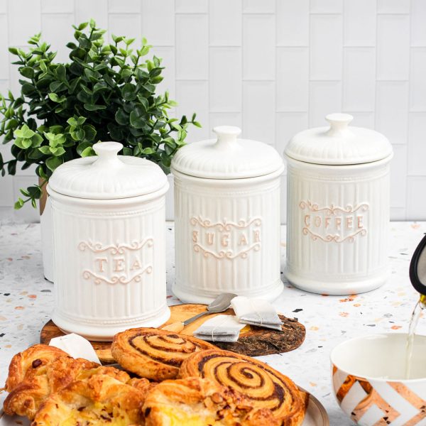 Kitchen Canisters Set of 3 Retro Farmhouse Country Ceramic with Lids