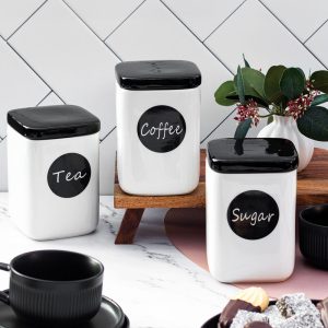 Kitchen Canisters Set of 3 Retro Black and White Ceramic with Black Lids