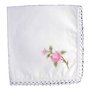 Handkerchief Pink Rose And Lace Cotton Embroidered Hanky
