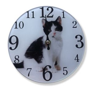 French Country Glass Wall Clock Small Black and White Kitten 17cm