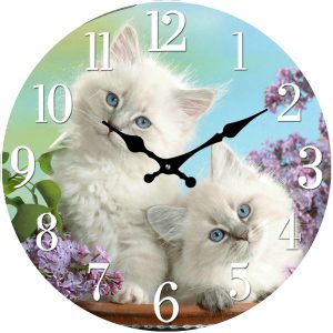 French Country Glass Wall Clock Small 17cm Two White Kittens Clocks