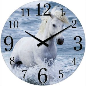 French Country Retro Glass Wall Clock White Horse Round 30cm
