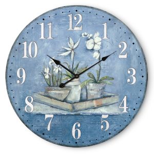 French Country Retro Wall Clock Blue Floral Madeline 30cm