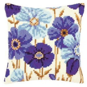 Crafting Kit Purple Flowers Cross Stitch Cushion Inc Canvas and Thread