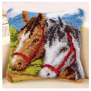 Crafting Kit Latch Hook Horse Heads Cushion with Canvas Hook and Threads