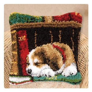 Crafting Kit Latch Hook Library Dog Cushion with Canvas Hook and Threads