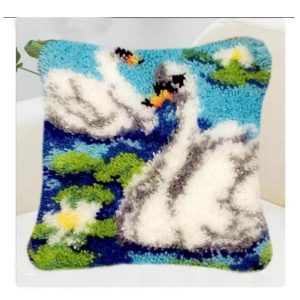 Crafting Kit Latch Hook Swans Cushion with Canvas Hook and Threads