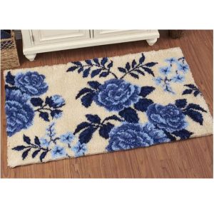 Crafting Kit Latch Hook Blue Floral with Canvas Floor Mat and Threads