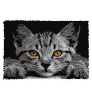 Crafting Kit Latch Hook Grey Cat with Canvas Floor Mat and Threads