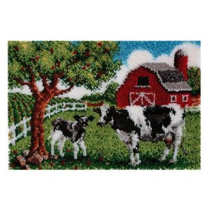 Crafting Kit Latch Hook Farm Cows with Canvas Floor Mat and Threads