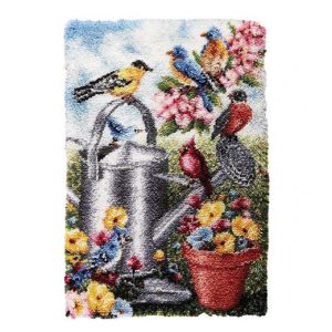 Crafting Kit Latch Hook Garden Birds with Canvas Floor Mat and Threads