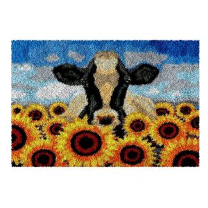 Crafting Kit Latch Hook Sunflower Cows with Canvas Floor Mat and Threads