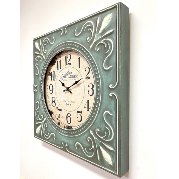 French Country Retro Wall Clock Green Square Metal & Glass 60cm