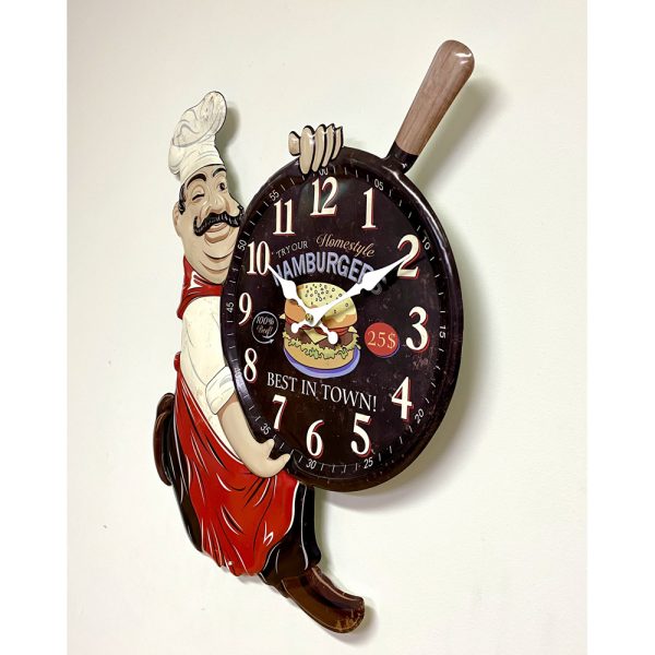 French Country Retro Wall Clock Tin Metal Chef Hamburger CHH-A1