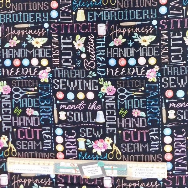Quilting Patchwork Sewing Fabric Sew In Love Words Black 50x55cm FQ